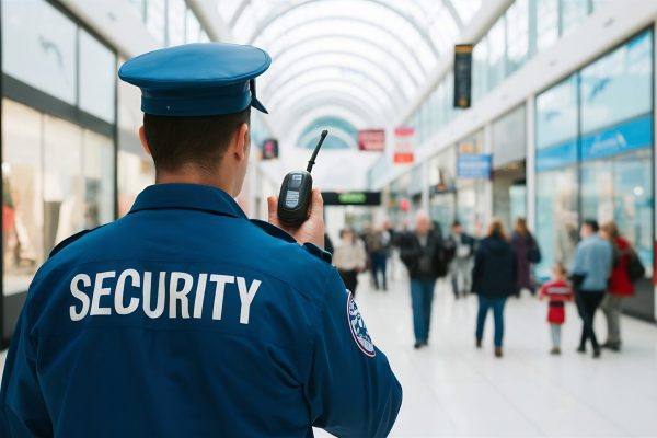 back-security-guard-with-walkie-talkie-against-blurry-shopping-centre
