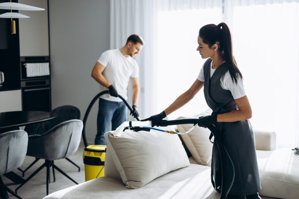Woman from cleaning service washing sofa