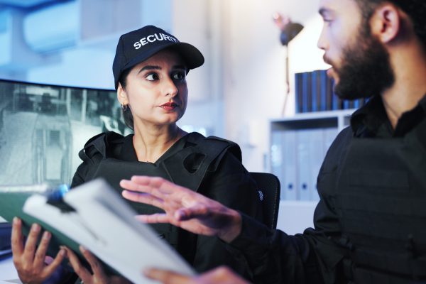 Night, security team and discussion in control room for feedback, advice or standard procedure with tablet. Man, woman guard or paperwork in office for protocol rundown, service or tech on late shift.