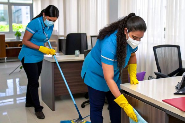 Two Women Wearing Masks Taking Care of Office Cleaning - Professional Cleaning Services
